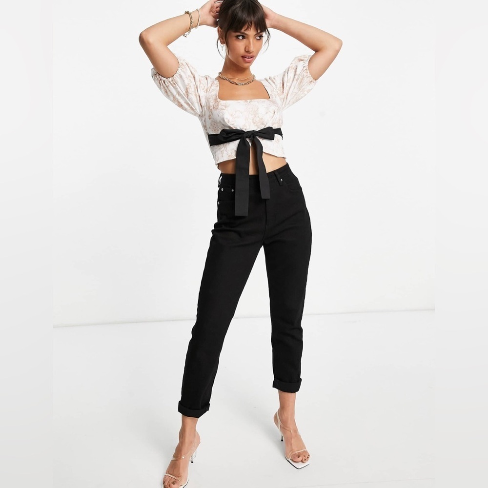 ASOS square neck puff sleeve crop top  contrast tie waist detail in floral print
